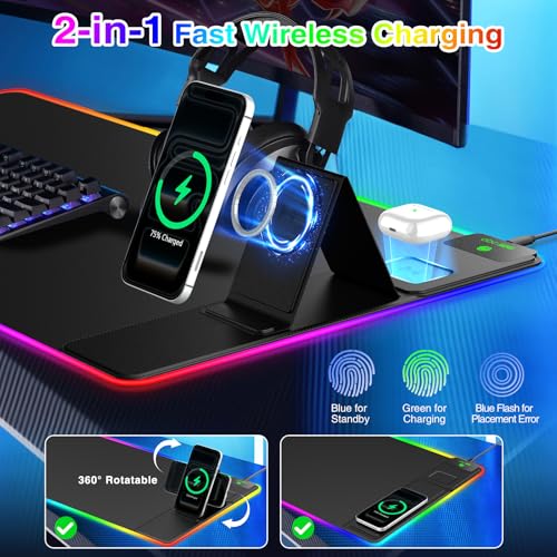 XXL RGB LED Gaming Mouse Pad with Magnetic Wireless Charging & Foldable Phone Holder, 31.5"x15.8" Extended Ultra-Smooth Desk Pad, 25 Lighting Effects, Non-Slip Base - color: RGB-31.5"x15.8"-Magnetic Stand-Right