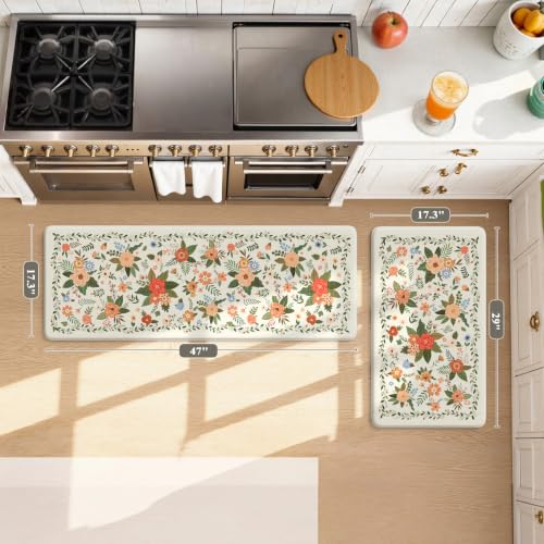 KIMODE Kitchen Mats for Floor Anti Fatigue, White Floral Rugs for Kitchen Floor, Padded Kitchen Floor Mats, Cushioned Kitchen Mats for Floor 2 Piece for Laundry Office Sink Desk 17"x47"+17"x29" - color: Flower/White, size: 17.3" x 47"+17.3" x 29"--0.47 in