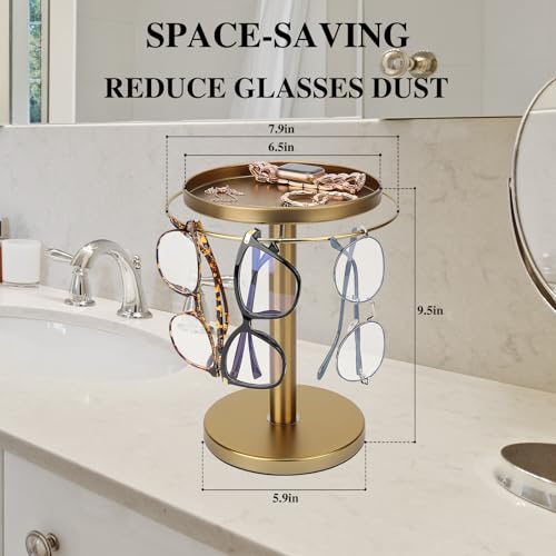 kondyfayo 360° Rotating Sunglass Organizer Storage, Stainless Steel Glasses Holder Stand, Glasses Organizer with Tray for Desk, Dresser, Tabletop, Nightstand and Home Decor (Gold)