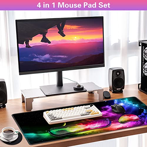 Canjoy Gaming Mouse Pad Set, 4-in-1 XXL Large Mouse Pad + Keyboard Wrist Rest Support+ Coaster, (35.4×15.7 in) Extended Desk Pad Memory Foam Non-Slip Desk Mat for Home Office - color: Colorful Aurora