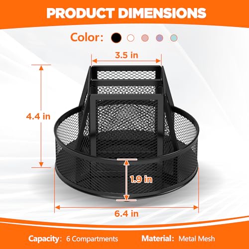 Docnest 360° Rotating Pen Holder,Heavy-Duty Metal Mesh Desk Organizer with 6 Compartments for Pencils,Scissors & Markers –Space Saving Office Supply for Teachers, Students & Home Desk-Black - color: Black