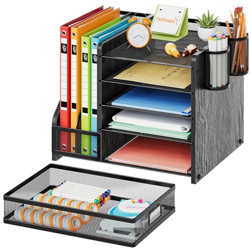 Marbrasse Desk Organizer with File Holder, 5-Tier Paper Letter Tray Organizer with Drawer and 2 Pen Holder, Mesh Desktop Organizer and Storage with Magazine Holder for Office Supplies (Wood-Black) - color: Wood-Black