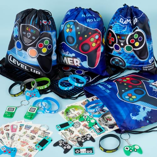 SNLN Video Game Party Favors Birthday Supplies, Gamer Drawstring Bag Keychain Silicone Bracelet Tattoo Sticker, Gamer Gaming Birthday Party Favor Goodie Bag Stuffers Fillers Classroom Rewards for Kids - style: Video Game