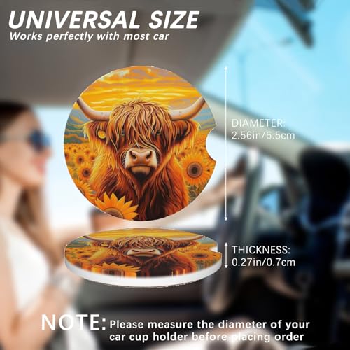 2 Pack Car Cup Holder Coasters Highland Cow Absorbent Ceramic Coaster for Cup Holders Fashion Car Interior Accessories for Men Drink Coaster for Women - color: Highland Cow