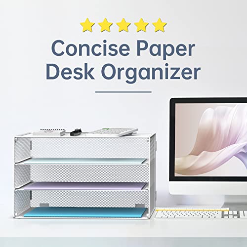 DALTACK 3 Tier Letter Tray Paper Organizer for Desk, Mesh Metal Desk File Organizer with Sliding Trays for Letter/A4 Paper, Mail, Bills & Folders, White - color: White