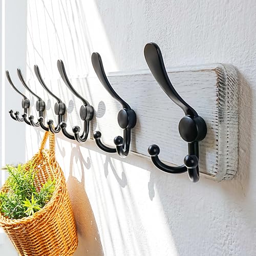Dseap Coat Rack Wall Mounted - 24" Long 6 Tri Hooks, Heavy Duty Wooden Wall Coat Hanger Coat Hook for Clothes Hat Jacket Clothing, White and Black - color: White & Black, size: L=24"