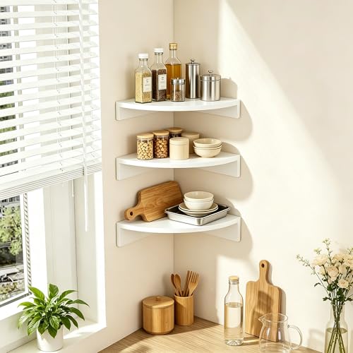 Alsonerbay White Corner Shelf Wall Mount, Set of 3 Floating Shelves for Storage and Display, Rustic Wood Shelves for Bedroom, Living Room, Bathroom, Entryway, Garage - color: White, size: Set of 3