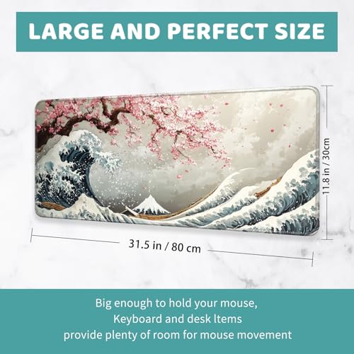 Large Mouse Pad, Big Gaming Mousepad, Desk Mat for Desktop, Thick Non-Slip Waterproof Rubber Base, Mouse Pads for Office, Computer, Keyboard, Laptop 31.5x11.8 in, Japanese Wave Cherry Blossoms - color: Japanese wave cherry blossoms, size: 31.5" x 11.8"