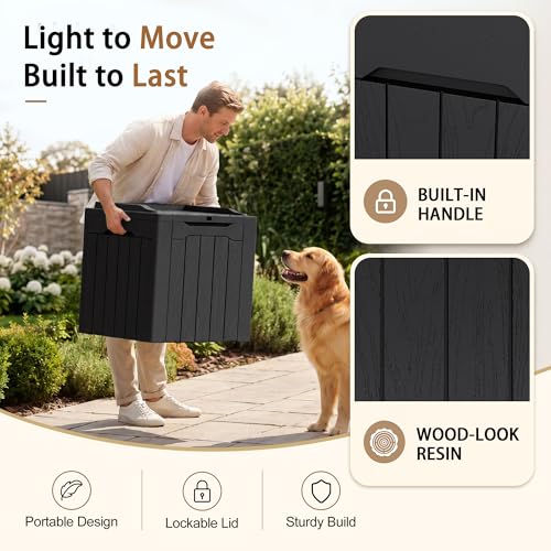 JUMMICO 31 Gallon Resin Deck Box Waterproof Indoor Outdoor Storage Boxes for Patio Furniture Cushions and Garden Tools (Black) - color: Black, size: 31 gallon