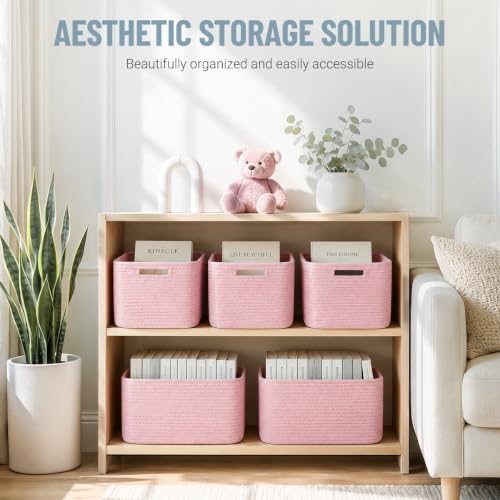 5 Pack Woven Storage Baskets for Shelves Organizing, Decorative Cotton Rope Organization Storage Bins for Toy, Book, Towel, Clothes, Closet, Nursery, Bathroom & Home Decor, Pink - color: Pink