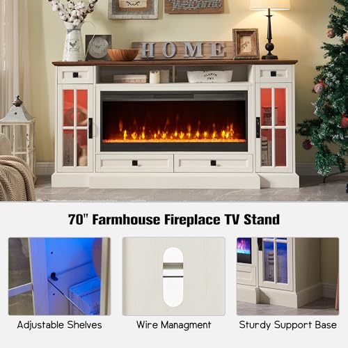 RedLemon Farmhouse Fireplace TV Stand for 80 Inch TV, 36" Tall Entertainment Center with 42" Crystal Eletric Fireplace, Modern Media Console Table with LED Lights for Living Room, Antique White - color: Antique White
