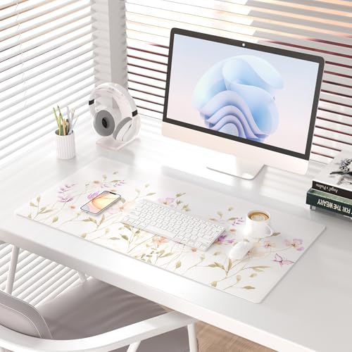 Colorful Star Large Mouse Pad, Floral Waterproof Office Desk Mat, Non-Slip Computer Gaming Mouse Pad, XXL PC Laptop Protector Pads, PU Leather Desk Writing Pads for Office Home, 31.5" x 15.7" - color: Blooming Watercolor Garden, size: 31.5" x 15.7"