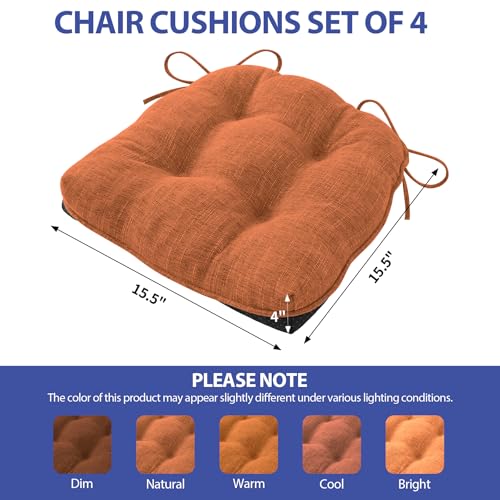 IPYNBAP Chair Cushions Set of 4, 15.5" x 15.5" x 4" Outdoor & Indoor Seat Cushions with Ties, Non Slip, Memory Foam Chair Pads for Dining, Kitchen, Office, Patio Furnitures, Orange - color: Orange, size: 15.5" x 15.5" x 4"