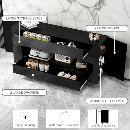 TV Stand Cabinet Up to 65 inch with Conceals Storage, High Gloss, Black | TV cabinet with 2 Push-Open doors and 2 drawers, entertainment center, storage cabinet, modern style, living room, office - color: High Gloss Black, size: 55.12"W*13.78"D*27.56"H
