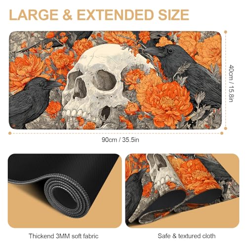 Mouse Pad Desk Mat for Desktop, Large 35.43" x 15.75" Extended Gaming Mousepad with Skull and Raven Design, Waterproof Non-Slip Rubber Base, Computer Laptop Desk Accessories for Women Men Home Office - color: 01, size: 35.43 x 15.75 in