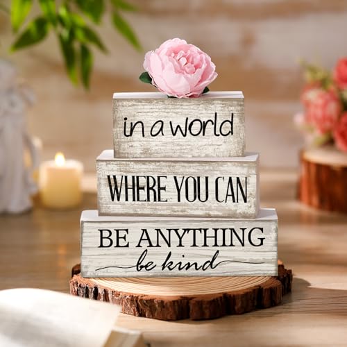 Yuntau 4 Pcs Farmhouse Flower Wooden Table Decor Farmhouse Tiered Tray Decor Rustic Faux Decorative in a World Where You Can Be Anything Be Kind Block Sign Inspired Centerpiece for Home Shelf - style: Flower