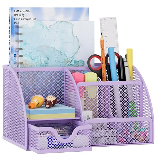EasyPAG Mesh Desk Organizer with Drawer Multi-functional Pen Holder Stationery Organizer for Office School Supplies 6 Compartments Dorm Organizers and Storage for Desk, Light Purple - color: Light Purple