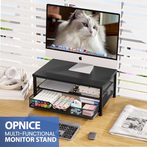 OPNICE Computer Monitor Stand Riser, Desk Organizer with Drawer, Printer & Laptop Stand, Office Desk Accessories & Workspace Desktop Organizers Storage for Office Supplies(Black 2-Pack) - color: Black 2-Pack, size: With Drawer