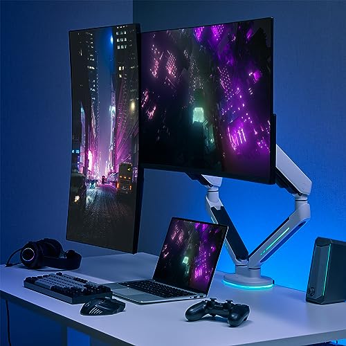 AVLT Dual 27”-43” RGB Gaming Monitor Arm Desk Mount Built-in 20 Lighting Modes Touch Button Control Fits Flat/Curved/Ultrawide Screen Height Swivel Tilt Rotation Adjustable Stand -White - color: White - Dual