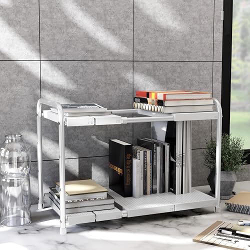 Simple Houseware Under Sink 2 Tier Expandable Heavy Duty Metal Shelf Organizer Rack, White (Expand from 15 to 25 inches) - color: White