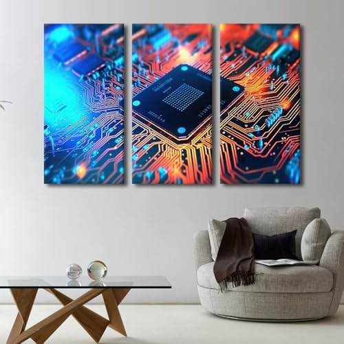 Circuit Board Framed Wall Art Database Concept Canvas Art Wall Decor Digital Chip Wall Art for Living Room Modern Home Decor Pictures Posters Stretched and Framed Ready to Hang (60"Wx40"H - color: Artwork-06, size: 60"Wx40"H