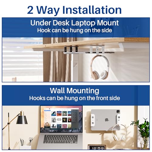 BYMECOST Under Desk Laptop Storage Mount, Metal Under Desk Device Holder, for Devices Up to 1.37" Thick, MacBook, Mini, Keyboard, Router, with Anti-Scratch Silicone (White, 2.1" with Hook) - color: White, size: 2.1" with hook