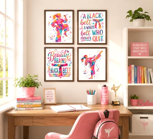 Inspirational Watercolor Karate Girl Athlete with Empowering Motivational Quote Art Print Set for Girl's Bedroom Empowerment, Playroom Energy Boost, Locker Team Spirit, Young Karateka Surprises, Aspiring Black Belt Tokens, Team Captain Honors, Coach Gifts