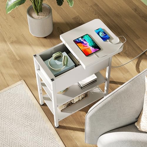 WLIVE End Table with Charging Station, Flip Top Side Table with Storage Shelf, Sofa Couch Table with USB Ports and Outlets, Narrow Bedside Table for Living Room, Bedroom ,11.81"D x 23.62"W x 24.33"H - color: White