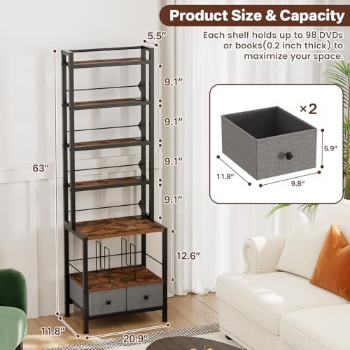 DVD Storage Vinyl Record Storage Rack, 6-Tier CD Rack Tower with Drawers for CDs, DVDs, Albums, Books & Games, Vinyl Record Holder & DVD Shelf Organizer for Living Room & Home Office, 20.8x11.8x63Inch