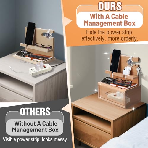 Beechwood Nightstand Organizer with Cable Management Box - Phone Docking Station Gifts for Him Men Boyfriend Husband Birthday Anniversary, Light Yellow