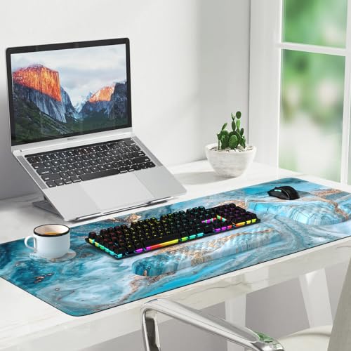 Desk Mat for Keyboard and Mouse, Large Mouse Pad with Wrist Rest and Keyboard Pad, 4PCS Carpal Tunnel Keyboard Wrist Support, Computer Mousepad for Laptop, Teal Blue Turquoise Marble - color: Marble Teal Blue Turquoise Gold