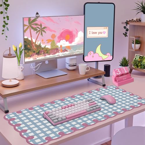 Cute Pink Blue Scalloped Desk Mat Pastel Checkered Large Mouse Pad Kawaii Aesthetic Retro Vintage Cottagecore Office Girl Desk Decor Stitched Pad for Computer Keyboard & Mouse 31 * 15.7in - color: A4- Blue