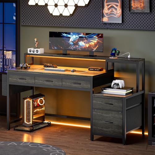 REAHOME 61 Inch Gaming Desk with Charging Station and LED Lights, Reversible Computer Desk with Storage Drawer and Monitor Stand, Modern Desk Table with File Cabinet & Side Pocket, Grey Oak - color: Grey Oak