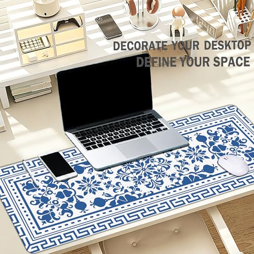 Blue and White Mouse Pad Blue Flroal Desk Mat, Spring Summer Flower Mouse Pad for Desk Large, Chinoiserie Desktop Mats for Desk Office Aesthetic Computers Pads Chinoiserie Gifts 31.5x11.8 - color: Blue and White Chinoiserie, size: 31.5L x 11.8W inches