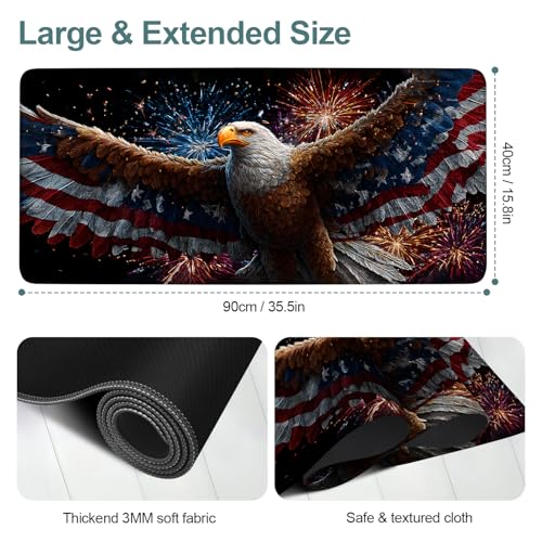 Patriotic Eagle Extended Gaming Mouse Pad 35.4 x 15.7 Inch – Large Desk Mat with Fireworks Eagle Design, Non-Slip Rubber Base, 3MM Thick Surface for Gaming & Office Use - color: #48-90, size: 35.4 x 15.7 Inch