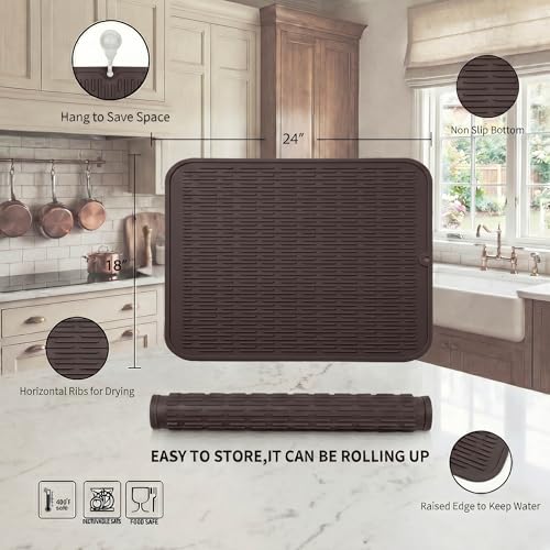 MicoYang Silicone Dish Drying Mat for Multiple Usage,Easy clean,Eco-friendly,Heat-resistant Silicone Mat for Kitchen Counter or Sink,Refrigerator or Drawer Liner Coffee 2XL 24 inches x 18 inches - color: Coffee, size: 24"L x 18"W
