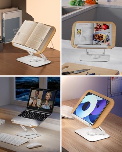 Viozon Book Stand for Reading,Book Holder, Height&Angle Adjustable, 360° Rotating Base, Foldable and Portable, Lightweight for Office, Kitchen, School Textbook, Recipe, Magazine,Kindle,Tablet LW - color: Light Wood