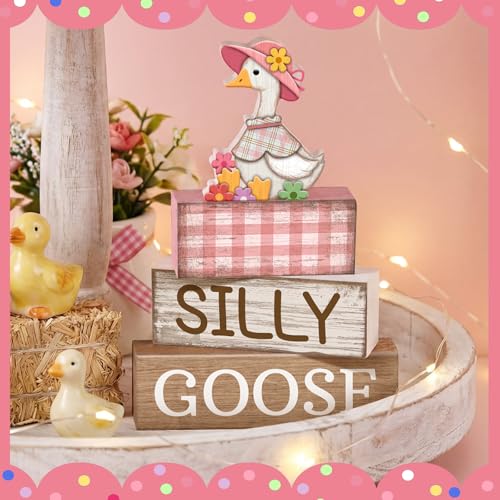 Yuntau 4 Pcs One Silly Goose Birthday Party Decoration Wood Silly Goose Table Sign Pink Baby Shower Tiered Tray Decor Tabletop Centerpieces for First Birthday Baby Shower Home Shelf Office - style: Goose