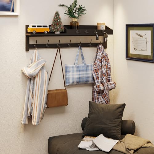 AMBIRD 35 inch Wall Hooks with Shelf, Coat Rack Wall Mount, Large Coat Hanger for Wall, Entryway Shelf with 7 Dual Coat Hooks, 4 Key Hooks and Mail Organizer, Wooden Key Holder Rack (Black) - color: Black, size: 35" L