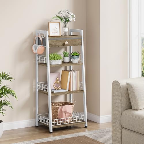 Gewudraw 4-Tier Ladder Shelf with Drawer, Bathroom Table Stand for Small Space, Standing Bathroom Shelves with Storage for Living Room Kitchen Bedroom, Organizer Shelf, White - color: White, size: 4 Tier Standard
