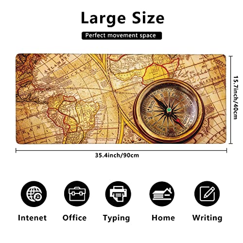Vintage Compass Lies on Ancient World Map Extended Gaming Mouse Pad Large Desk Mat with Non-Slip Rubber Base and Stitched Edges,Keyboard Mouse Mat Desk Pad for Work,Game,Office,Home 35.4 * 15.7 Inch - color: Ancient World Map