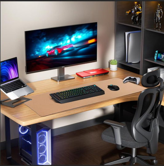 AFIING Leather Desk Pad Protector, Large Desk Mat with Natural Cork & PU Leather, Mouse Pad, Non-Slip, Waterproof Desk Writing Pad for Office and Home Blue - color: Blue, size: 47" x 17"