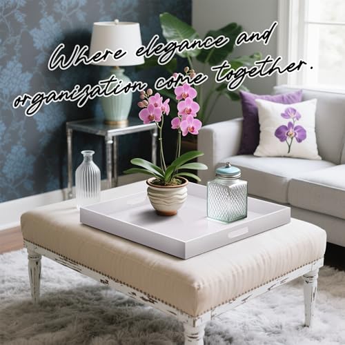 Glossy White Acrylic Serving Tray with Handles-Butler Trays for Coffee Table, Snacks,Breakfast in Bed, Kitchen Countertop,Vanity,Makeup Organizer,Ottoman (White, 24x24 Inches) - color: White, size: 24" x 24" x 2"