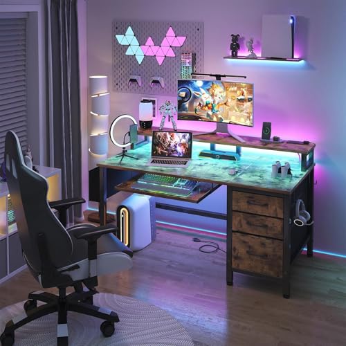 Lufeiya Gaming Desk with LED Lights and Power Outlets, 47 Inch Home Office Desks with Keyboard Tray, Computer Desk with File Drawers Cabinet, Writing Table PC Desks with Monitor Stand, Rustic Brown - color: Brown