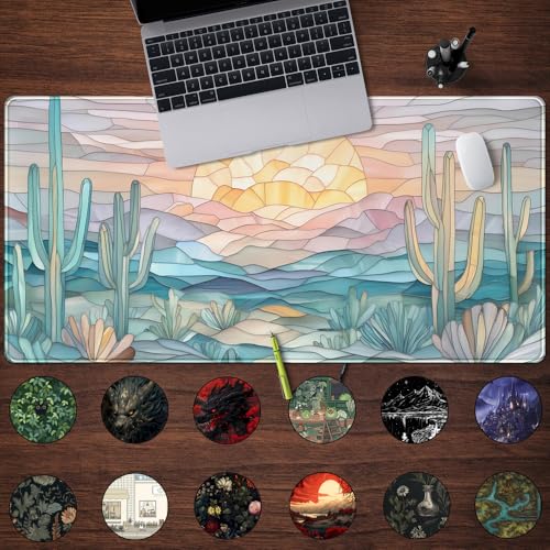 Desk Mat Gaming Abstract Ocean Desk Pad Large Mouse and Keyboard Pad, Faux Stained Glass Sun & Waves Mouse Mat XXL Desk Protector, Computer Mats for Desktop Sun & Waves Office Decor 31.5" X 15.7" - color: Faux Stained Glass