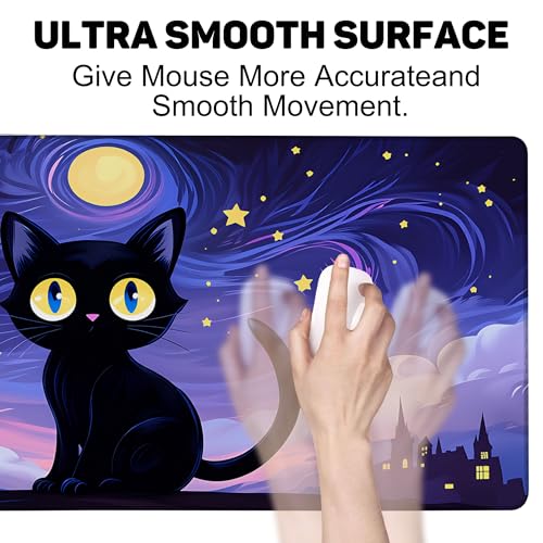Black Cat Under Purple Starry Night Gaming Mouse Pad Large Desk Mat Extended Keyboard Anime Mousepad with Non-Slip Base and Stitched Edge for Desk Home Office Gaming,35.4 x 15.7 Inch - color: Black Cat under Purple Starry Night, size: 15.7*35.4inch