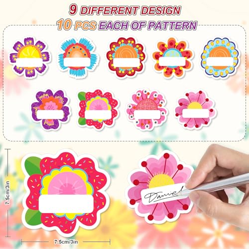 Whaline 90 Pcs Back to School Floral Name Tag Stickers Colorful Funny Flower Shape Nameplates Self-Adhesive Label Decals for Students Desk Classroom, 9 Designs - style: Flower