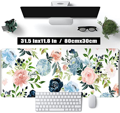 Gaming Green Desk Mat Desk Mouse Pads Purple Blue Pink Floral Mouse Pad Large, XL Big Computer Keyboard Mouse Mat Desk Pad Mat with Stitched Edge for Women Home Office Decor Deskmat 31.5x11.8 in - color: Flowers Pink Blue Purple