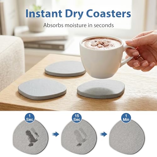 Diatomaceous Earth Coasters Set of 6 for Drinks, Moisture Water Absorbent Stone Coasters for Table Desk at Work, Water Absorbing Instant Drying Diatomite, Modern Light Grey - color: Light Grey, size: 6