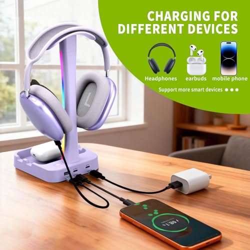Headphone Stand with Charger,Gaming Headset stand with RGB Light Mode,For Airpod Max Stand,Desk Lamp,Phone Holder,Tablet Holder,desktop organizer,Gifts for Gamers & Music Lover (Purple) - color: Purple